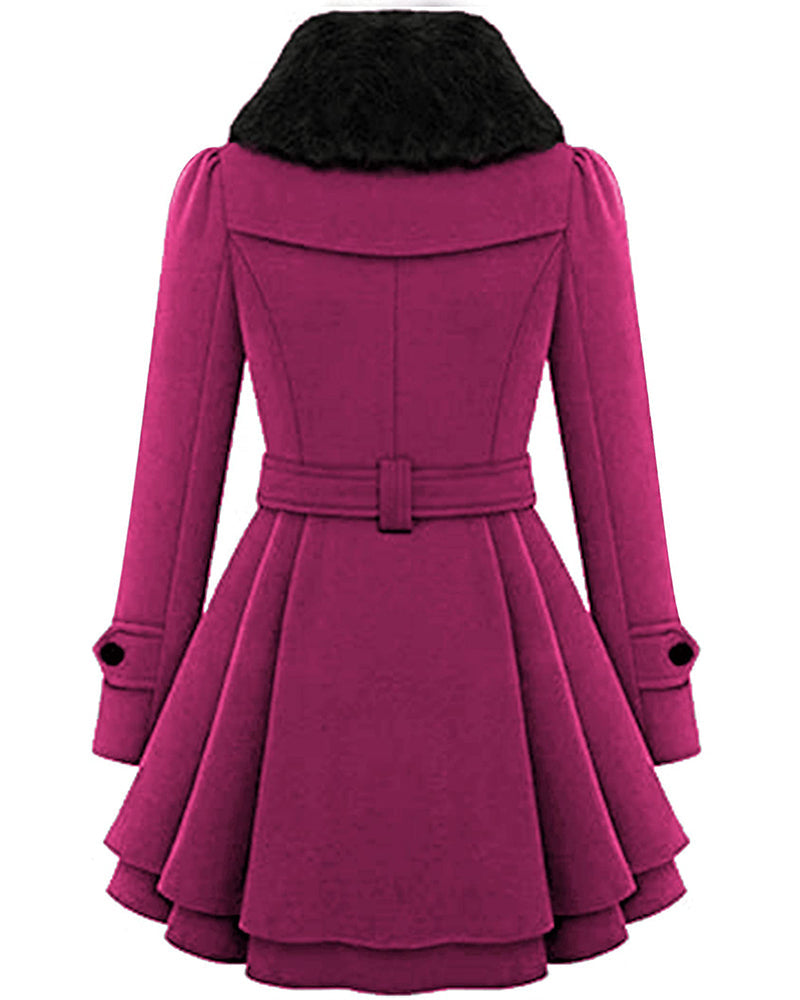 Women's Fashion Faux Fur Lapel Double-Breasted Thick Wool Trench Coat Jacket - Zeagoo (Us Only)