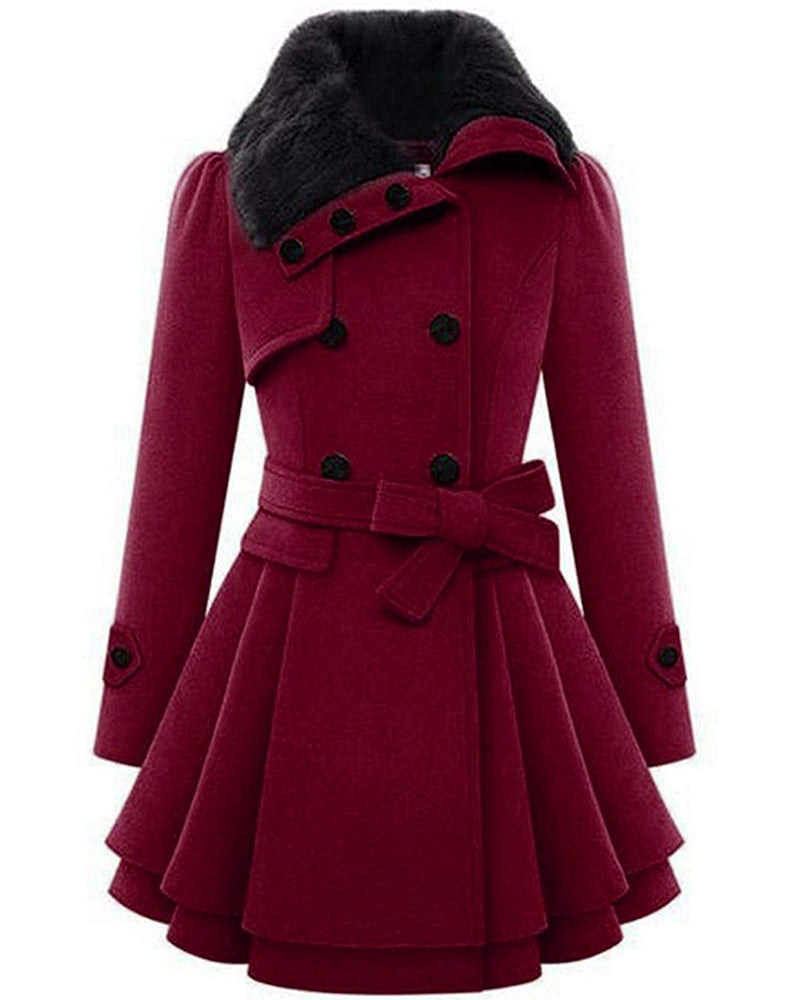 Women's Fashion Faux Fur Lapel Double-Breasted Thick Wool Trench Coat Jacket - Zeagoo (Us Only)