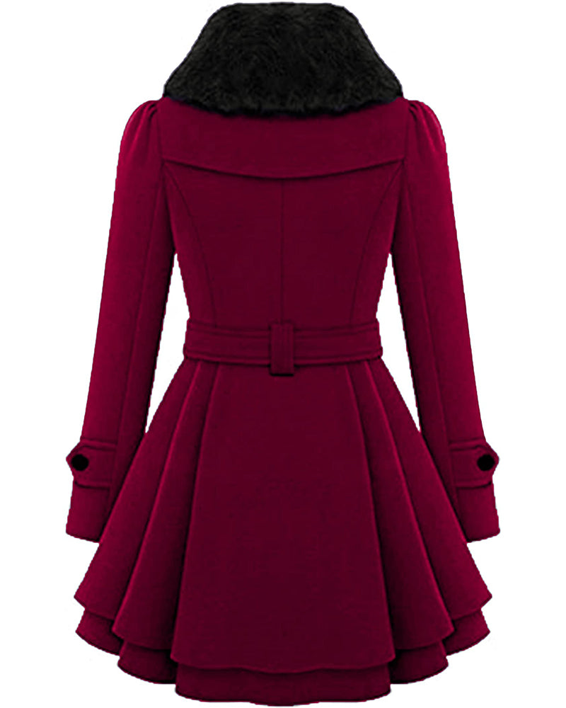 Women's Fashion Faux Fur Lapel Double-Breasted Thick Wool Trench Coat Jacket - Zeagoo (Us Only)