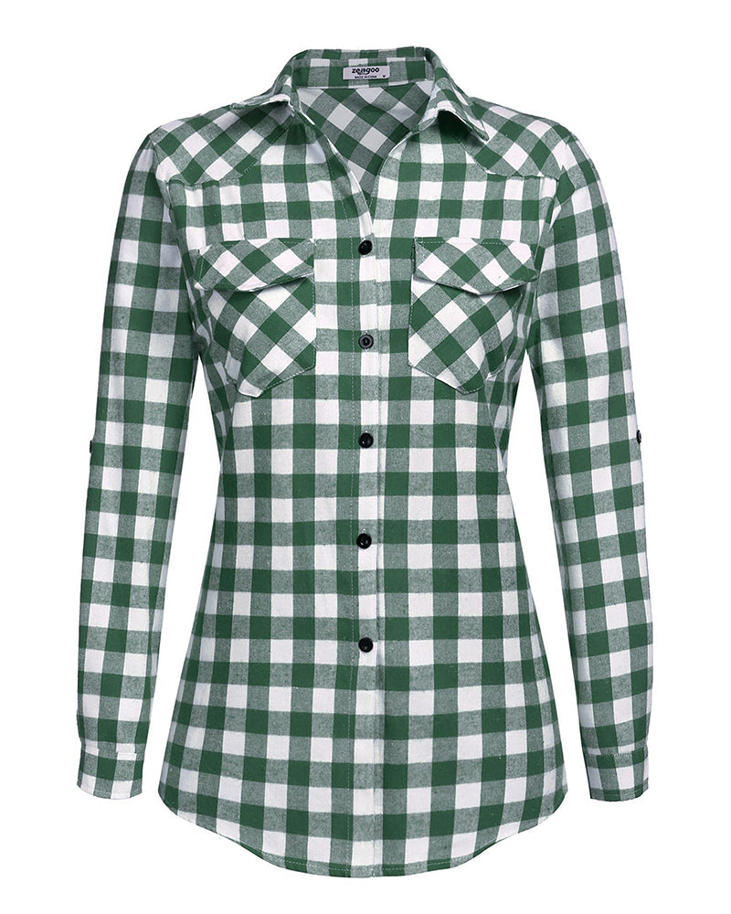 Long/Roll Up Sleeve Cotton Plaid Shirts - Zeagoo (Us Only)