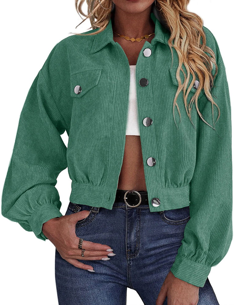 Women's Fashion Cropped Shacket Long SLeeve Trendy Button Down Corduroy Shirts Shacket Jackets - Zeagoo (Us Only)