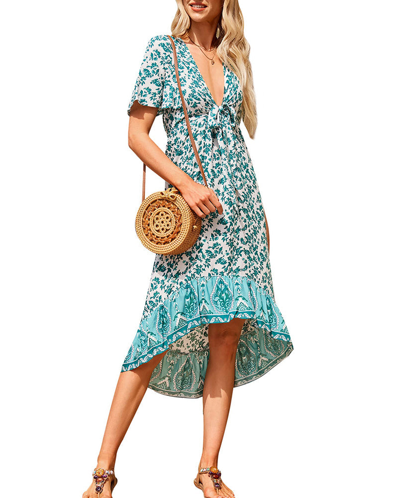 Bohemian Floral Tie Front V Neck Midi Dresses - Zeagoo (Us Only)