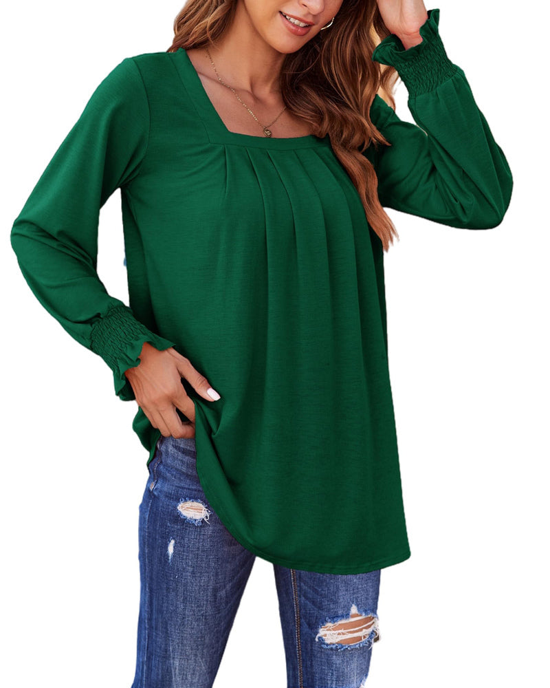 Zeagoo Long Sleeve Shirts for Women Square Neck Pleated Tunic Tops Loose Fit Fashion Blouses S-2XL