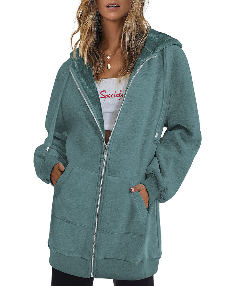 Women Zip Up Hoodies Long Fleece Jacket Lightweight Tunic Hooded Sweatshirt Oversize Winter Coat With Pockets - Zeagoo (Us Only)