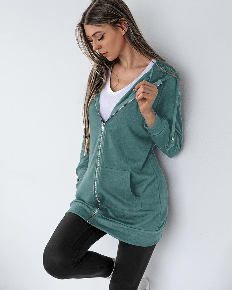 Women Zip Up Hoodies Long Fleece Jacket Lightweight Tunic Hooded Sweatshirt Oversize Winter Coat With Pockets - Zeagoo (Us Only)