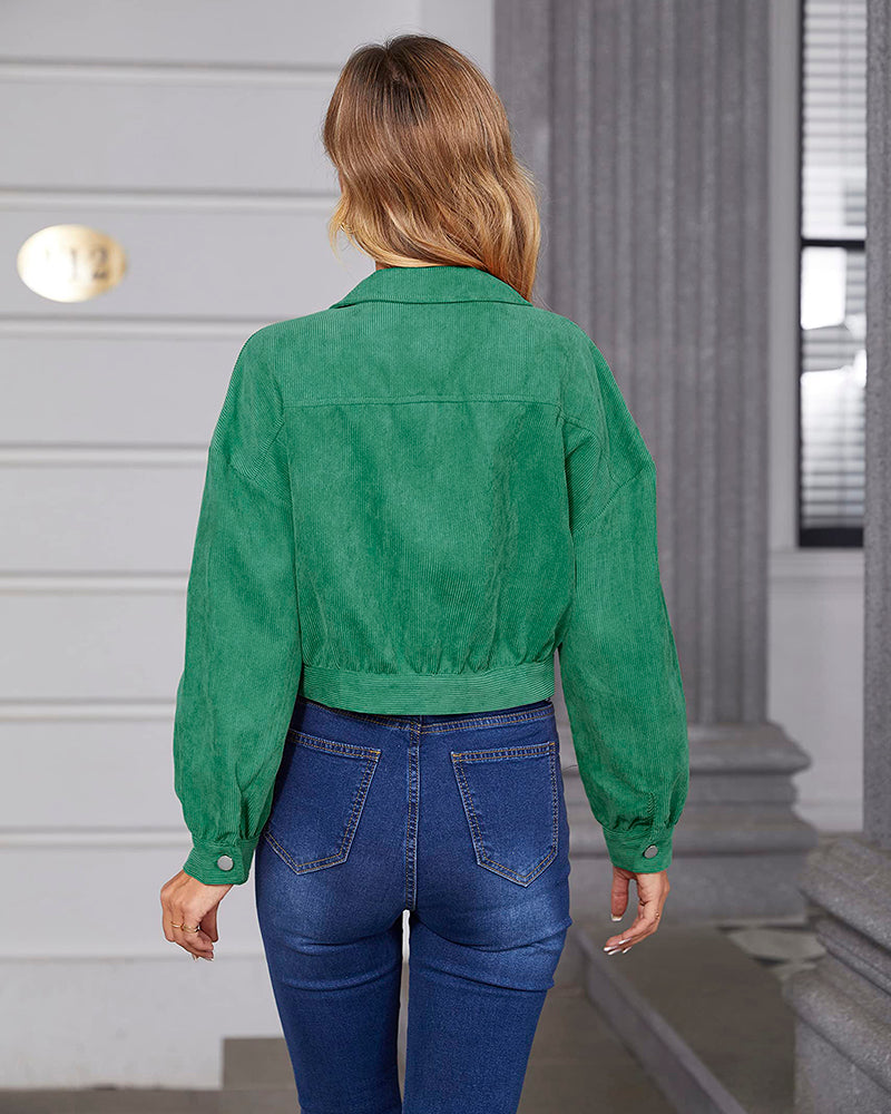 Women's Fashion Cropped Shacket Long SLeeve Trendy Button Down Corduroy Shirts Shacket Jackets - Zeagoo (Us Only)