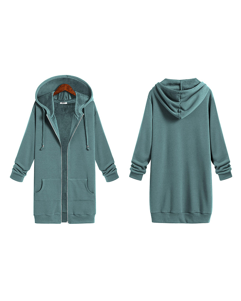Women Zip Up Hoodies Long Fleece Jacket Lightweight Tunic Hooded Sweatshirt Oversize Winter Coat With Pockets - Zeagoo (Us Only)