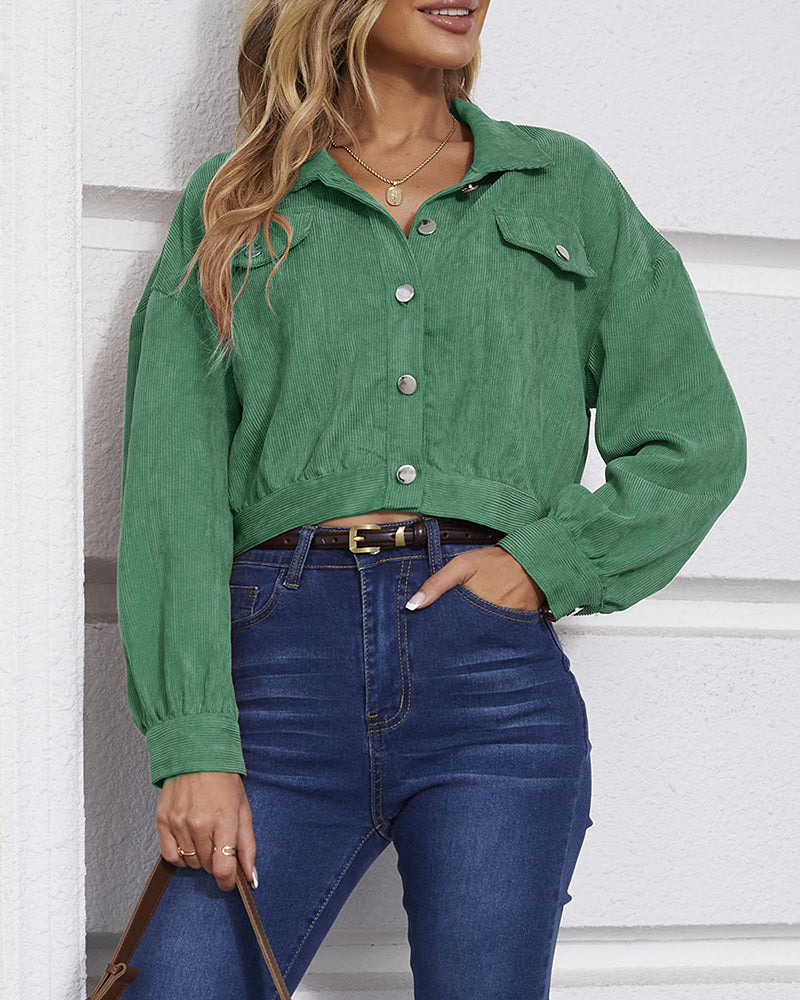 Women's Fashion Cropped Shacket Long SLeeve Trendy Button Down Corduroy Shirts Shacket Jackets - Zeagoo (Us Only)