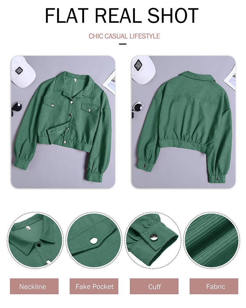 Women's Fashion Cropped Shacket Long SLeeve Trendy Button Down Corduroy Shirts Shacket Jackets - Zeagoo (Us Only)