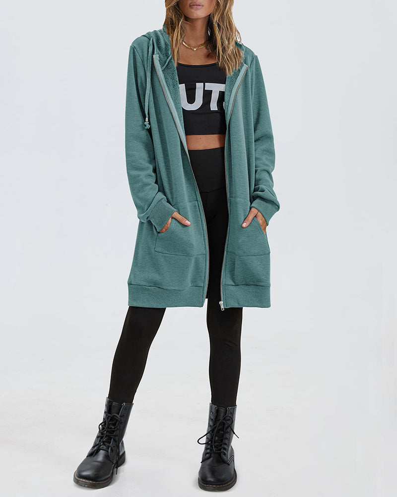 Women Zip Up Hoodies Long Fleece Jacket Lightweight Tunic Hooded Sweatshirt Oversize Winter Coat With Pockets - Zeagoo (Us Only)