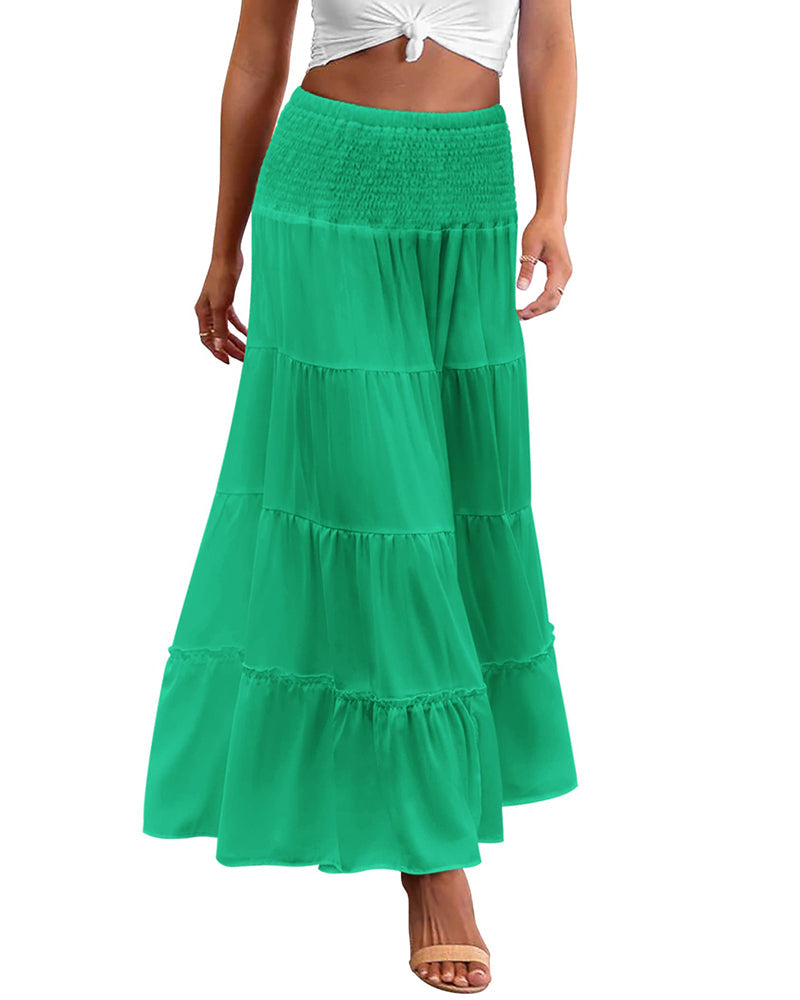 Women's Long Maxi Skirts Tiered High Waist Boho Elastic Layered A-Line Casual Midi Dress - Zeagoo (Us Only)