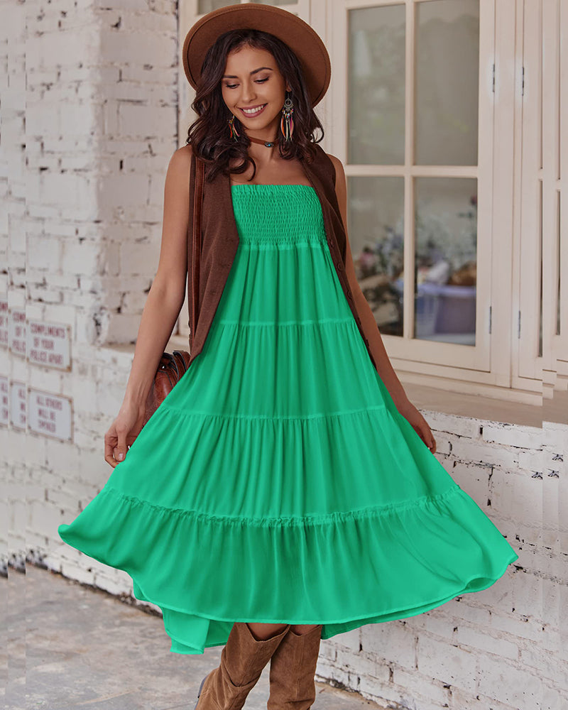 Women's Long Maxi Skirts Tiered High Waist Boho Elastic Layered A-Line Casual Midi Dress - Zeagoo (Us Only)