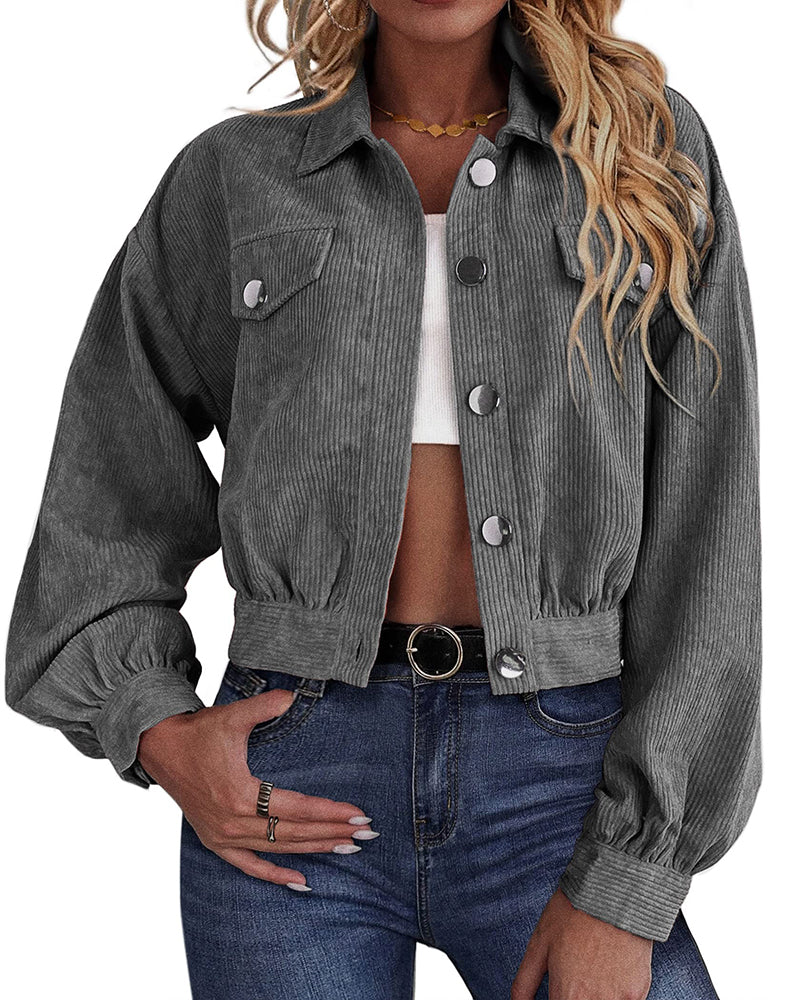 Women's Fashion Cropped Shacket Long SLeeve Trendy Button Down Corduroy Shirts Shacket Jackets - Zeagoo (Us Only)