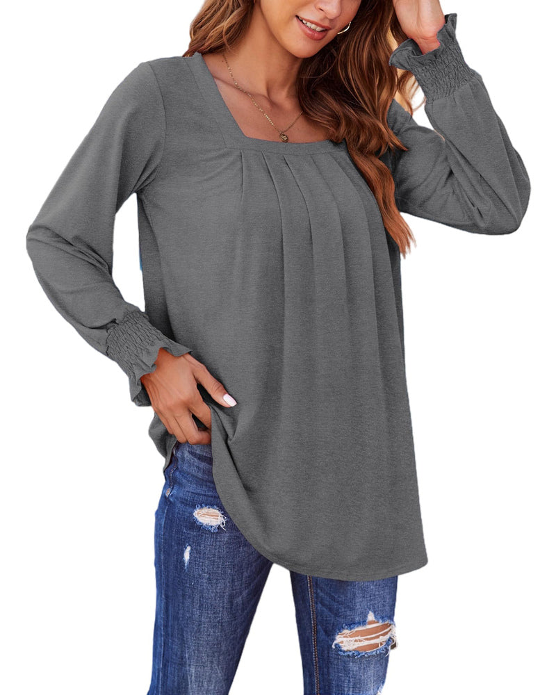 Zeagoo Long Sleeve Shirts for Women Square Neck Pleated Tunic Tops Loose Fit Fashion Blouses S-2XL