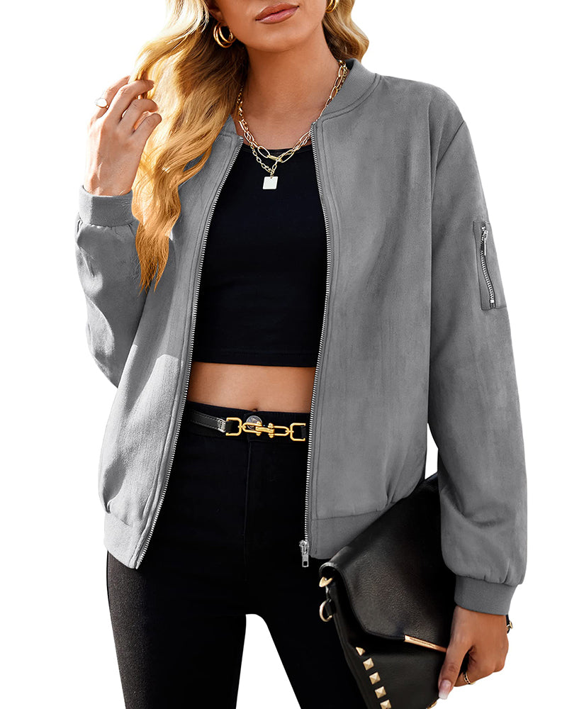Faux Bomber Zip Up Lightweight Jacket Coat with Pockets - Zeagoo (Us Only)