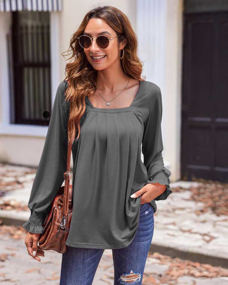 Zeagoo Long Sleeve Shirts for Women Square Neck Pleated Tunic Tops Loose Fit Fashion Blouses S-2XL