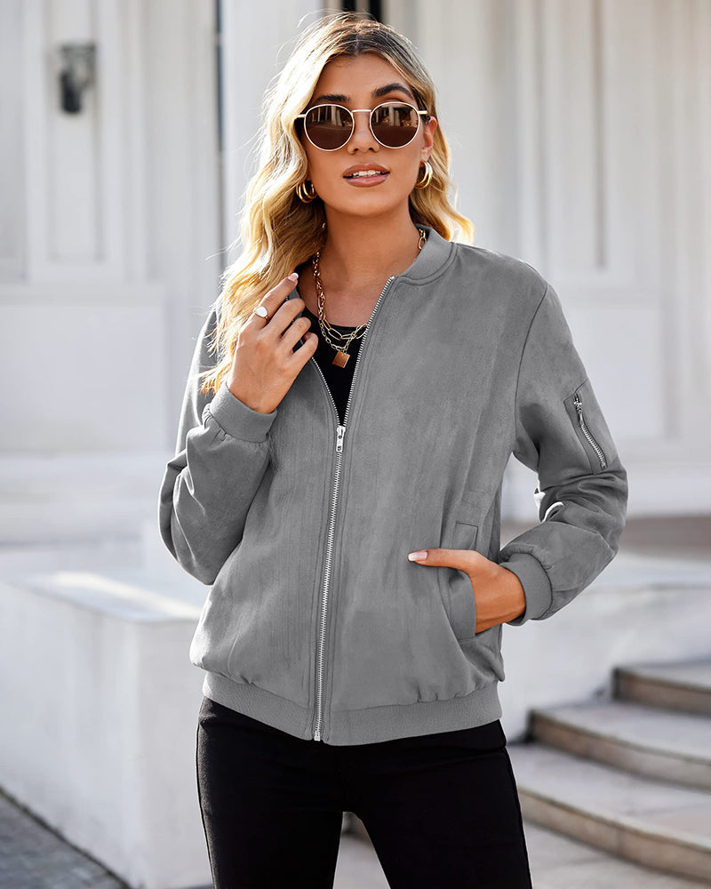 Faux Bomber Zip Up Lightweight Jacket Coat with Pockets - Zeagoo (Us Only)