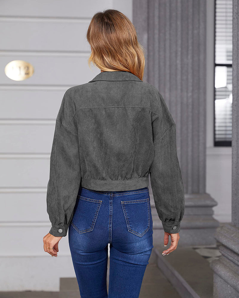Women's Fashion Cropped Shacket Long SLeeve Trendy Button Down Corduroy Shirts Shacket Jackets - Zeagoo (Us Only)