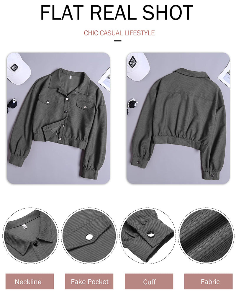 Women's Fashion Cropped Shacket Long SLeeve Trendy Button Down Corduroy Shirts Shacket Jackets - Zeagoo (Us Only)