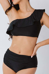 Black Pretty One Shoulder Ruffle Bikini