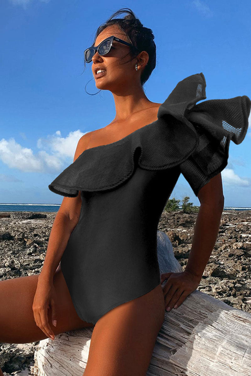 Black Striking Ruffle One Shoulder One Piece Swimwear