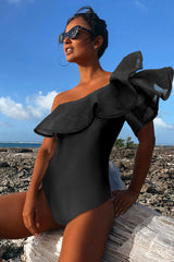 Black Striking Ruffle One Shoulder One Piece Swimwear