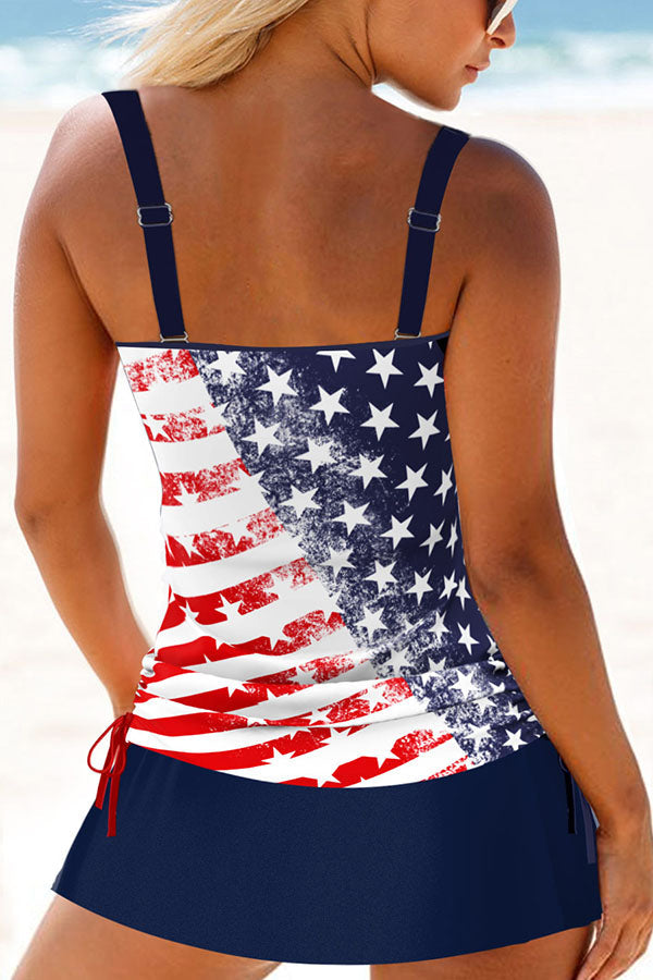 Abstract Print Smart Side Drawstring Tankini