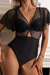 Black Mesh Patchwork Elegant One Piece Swimwear