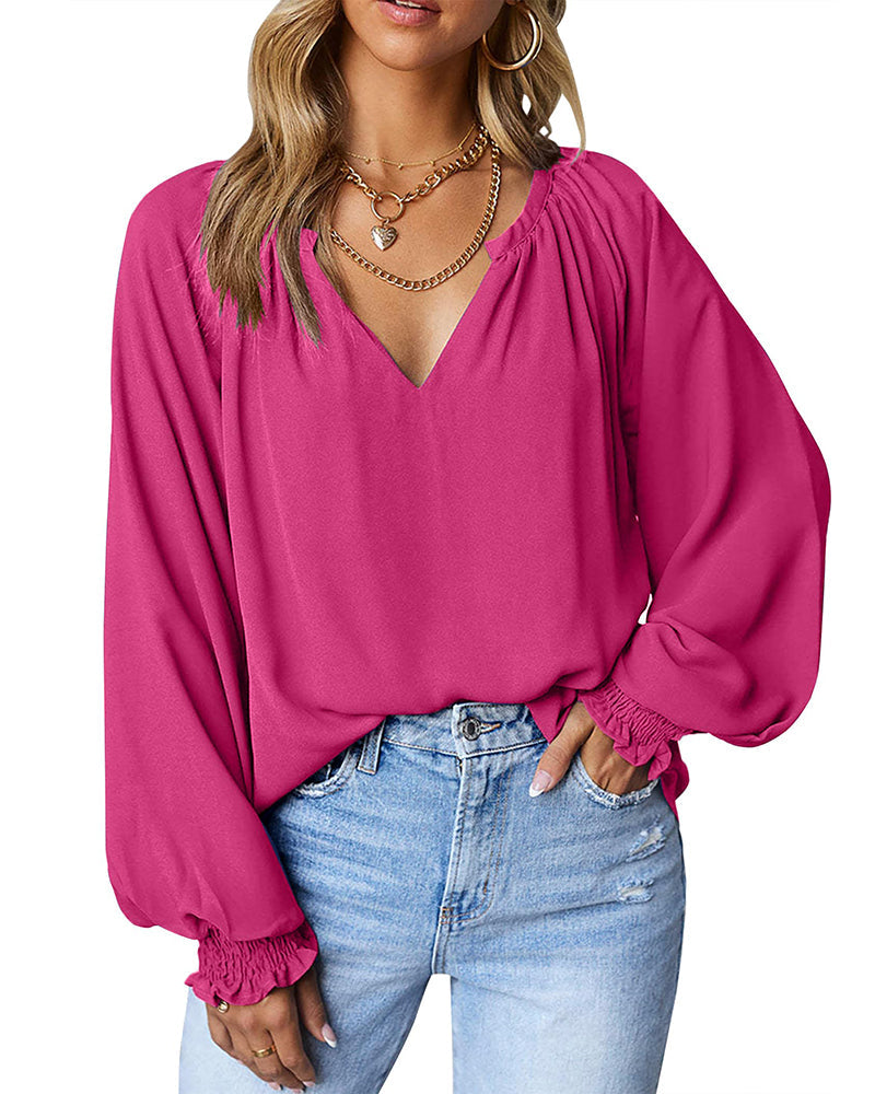 Zeagoo Blouses for Women Puff Long Sleeve Pleated V Neck Tunic Tops Ladies Work Dress Shirts