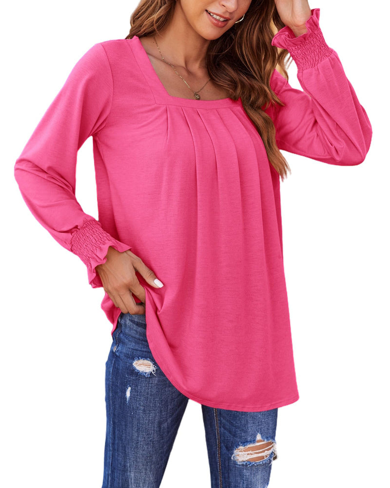 Zeagoo Long Sleeve Shirts for Women Square Neck Pleated Tunic Tops Loose Fit Fashion Blouses S-2XL