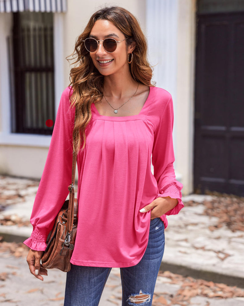 Zeagoo Long Sleeve Shirts for Women Square Neck Pleated Tunic Tops Loose Fit Fashion Blouses S-2XL