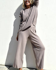 Elegant Two-piece Set Round Neck Sweater and Wide Leg Pant Outfits