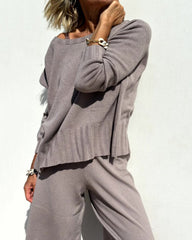 Elegant Two-piece Set Round Neck Sweater and Wide Leg Pant Outfits