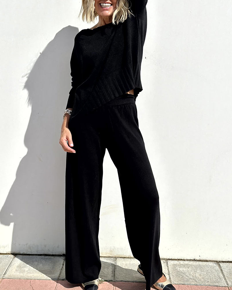 Elegant Two-piece Set Round Neck Sweater and Wide Leg Pant Outfits