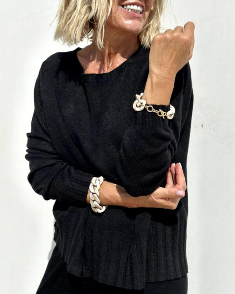 Elegant Two-piece Set Round Neck Sweater and Wide Leg Pant Outfits