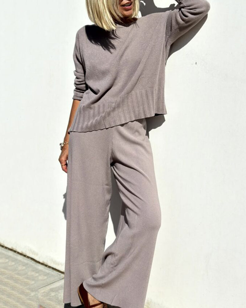 Elegant Two-piece Set Round Neck Sweater and Wide Leg Pant Outfits
