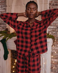 Plaid Printed Button Front Pajama Pant Set