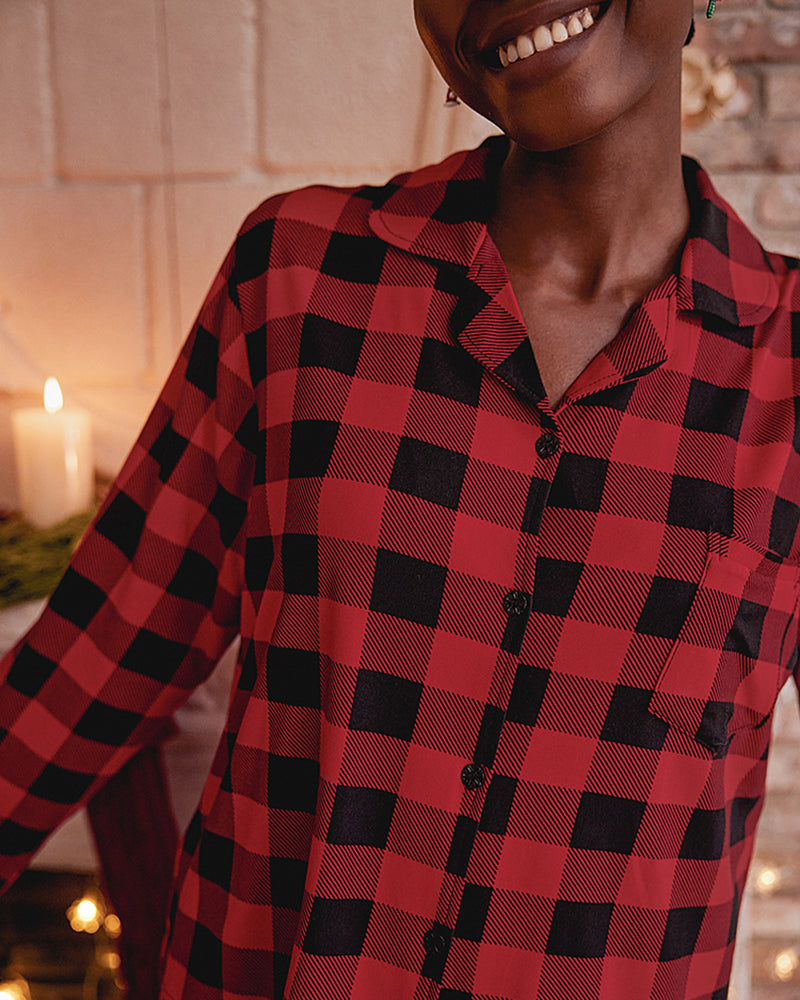 Plaid Printed Button Front Pajama Pant Set