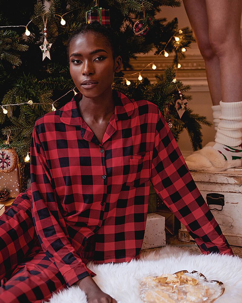 Plaid Printed Button Front Pajama Pant Set