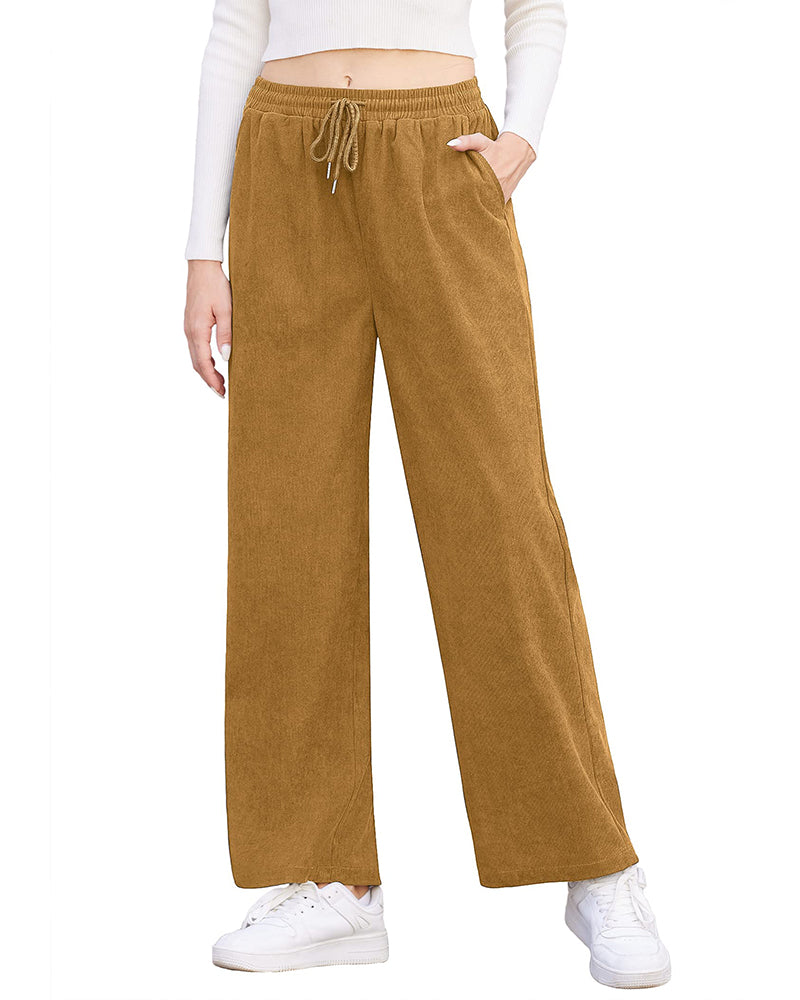 Womens Corduroy Pants Elastic Waist Drawstring Long Pants Casual Loose Straight Leg Trousers with Pockets - Zeagoo (Us Only)