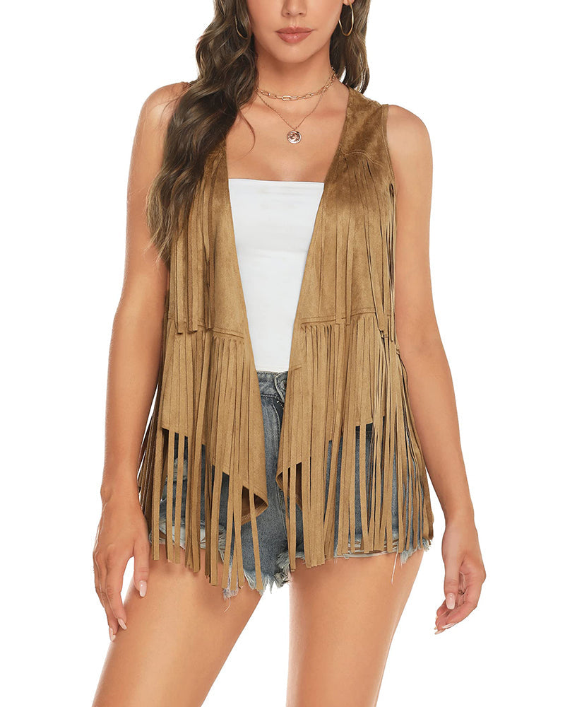 Women's Tassel Sleeveless Vest 70s Outfits for Women Hippie Clothes Fringe Jacket Cardigan S-XXL - Zeagoo (Us Only)