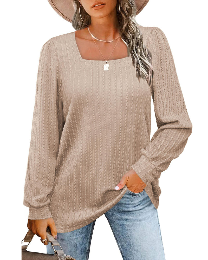 Zeagoo Tunic Tops for Women Loose Fit Dressy Square Neck Long Sleeve Shirts Rib Kint Pullover Blouses