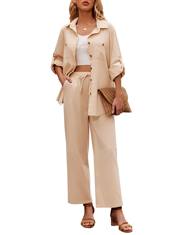 Zeagoo Women 2 Piece Linen Sets Button Down Shirt and Drawstring Long Pants Set Summer Outfits (US Only)