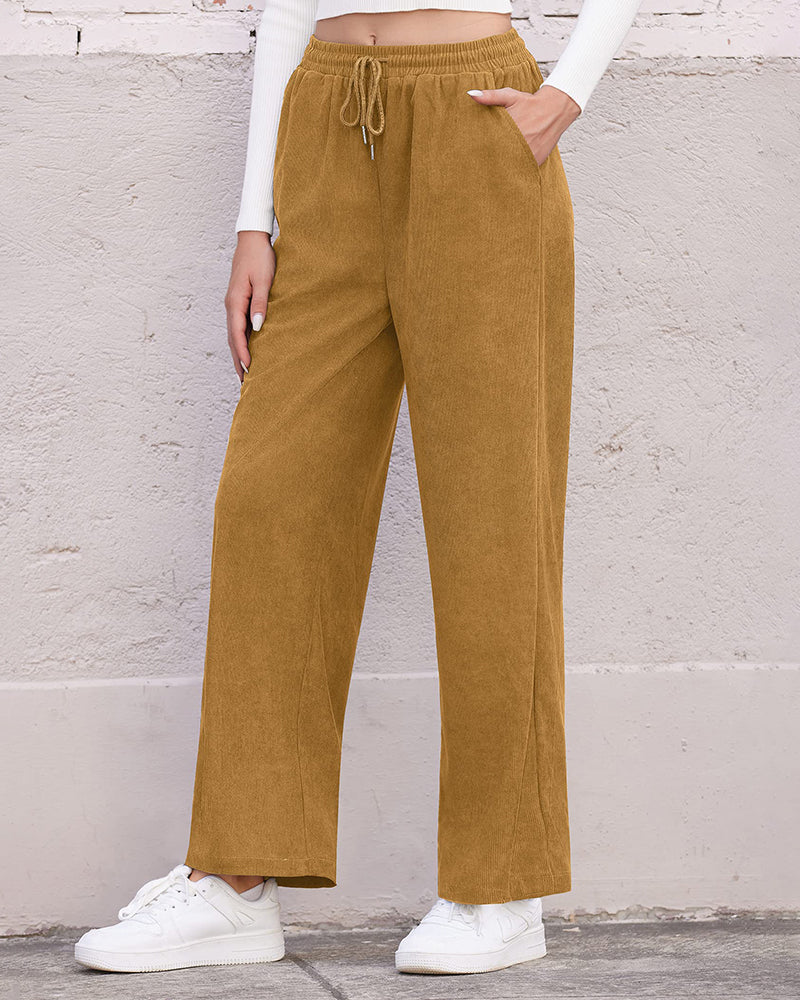 Womens Corduroy Pants Elastic Waist Drawstring Long Pants Casual Loose Straight Leg Trousers with Pockets - Zeagoo (Us Only)