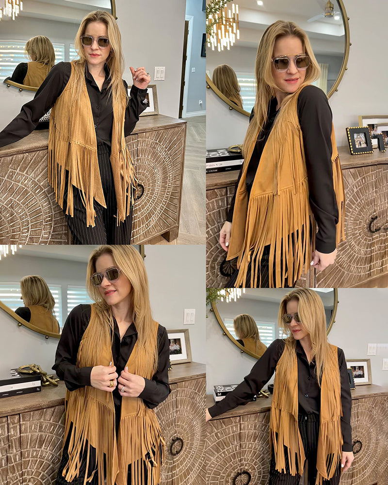Women's Tassel Sleeveless Vest 70s Outfits for Women Hippie Clothes Fringe Jacket Cardigan S-XXL - Zeagoo (Us Only)