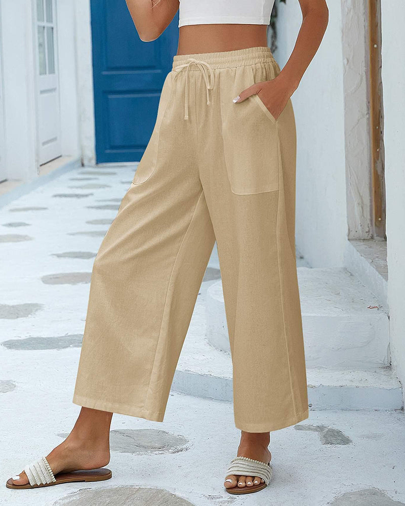 Women Cotton Linen Pants High Waisted Wide Leg Long Lounge Palazzo Pants Trousers with Pockets S-XXL - Zeagoo (Us Only)