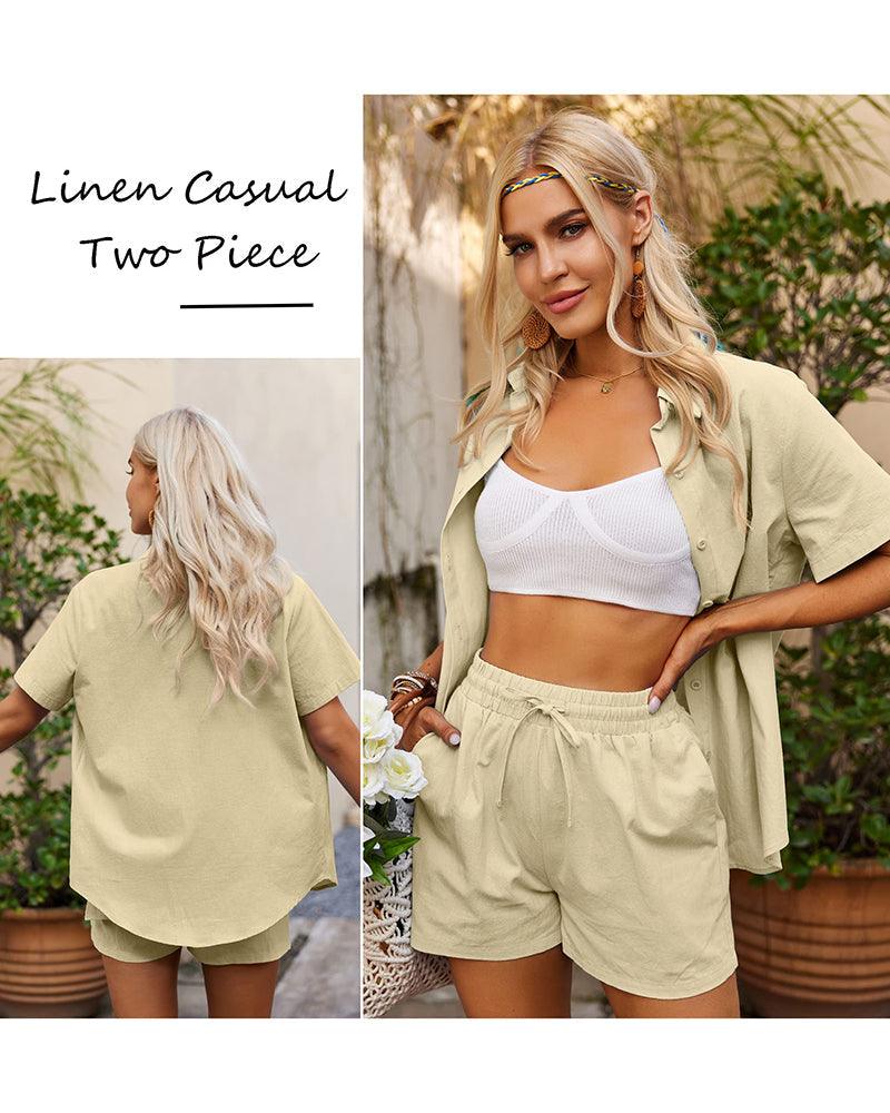 Women 2 Piece Linen Set Outfit Summer Button Down Casual Lounge Beach Set - Zeagoo (Us Only)