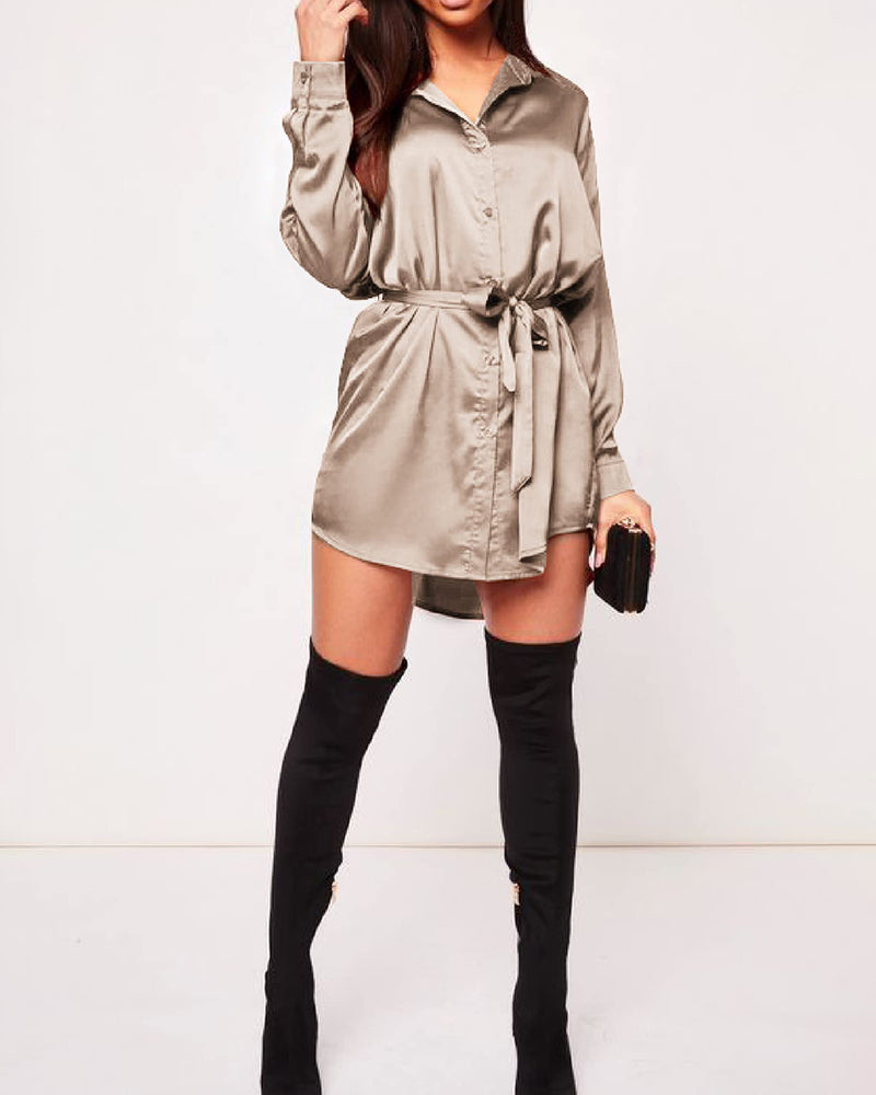 Long Sleeve Satin Shirt Dress with Button Down Tie Waist Mini Party Dress - Zeagoo (Us Only)