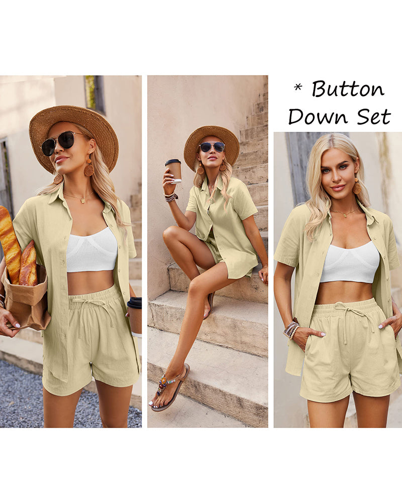 Women 2 Piece Linen Set Outfit Summer Button Down Casual Lounge Beach Set - Zeagoo (Us Only)