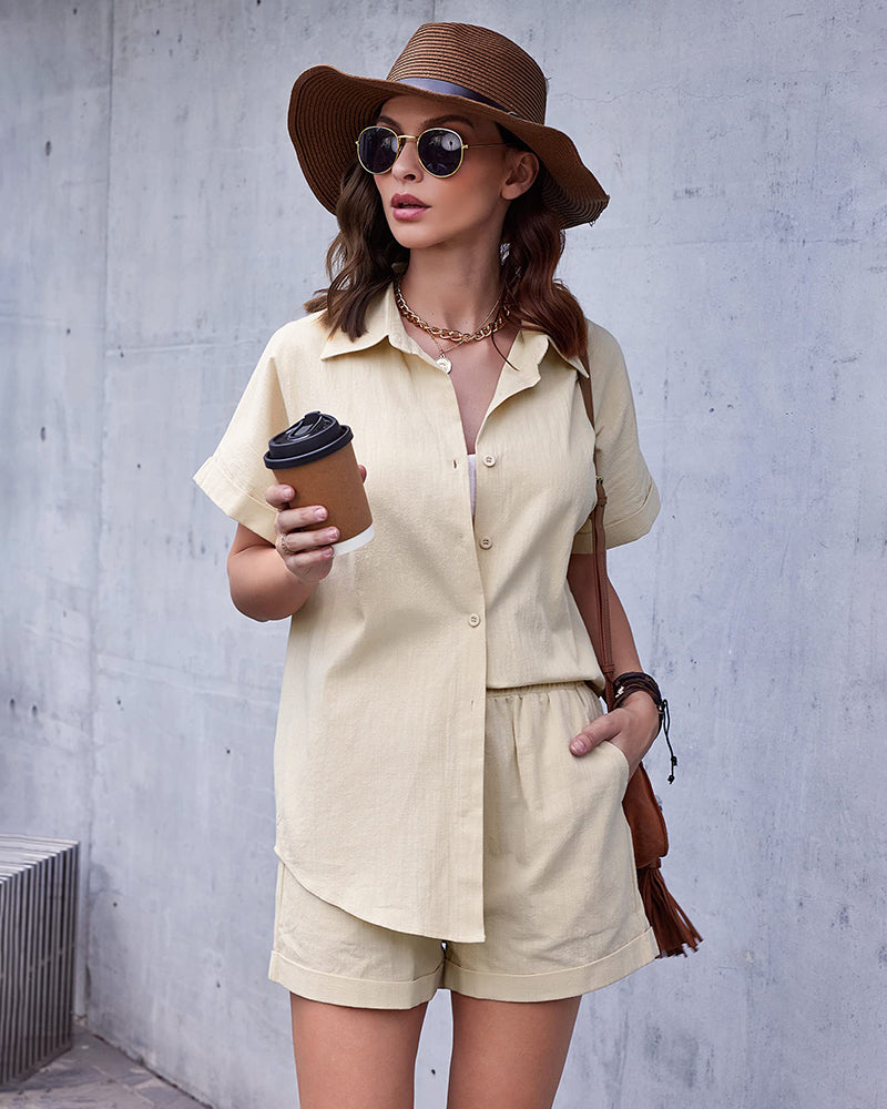 Women's 2 Piece Casual Tracksuit Outfit Sets Cotton Linen Short Sleeve Button Down Shirt and Loose Casual Shorts Set - Zeagoo (Us Only)